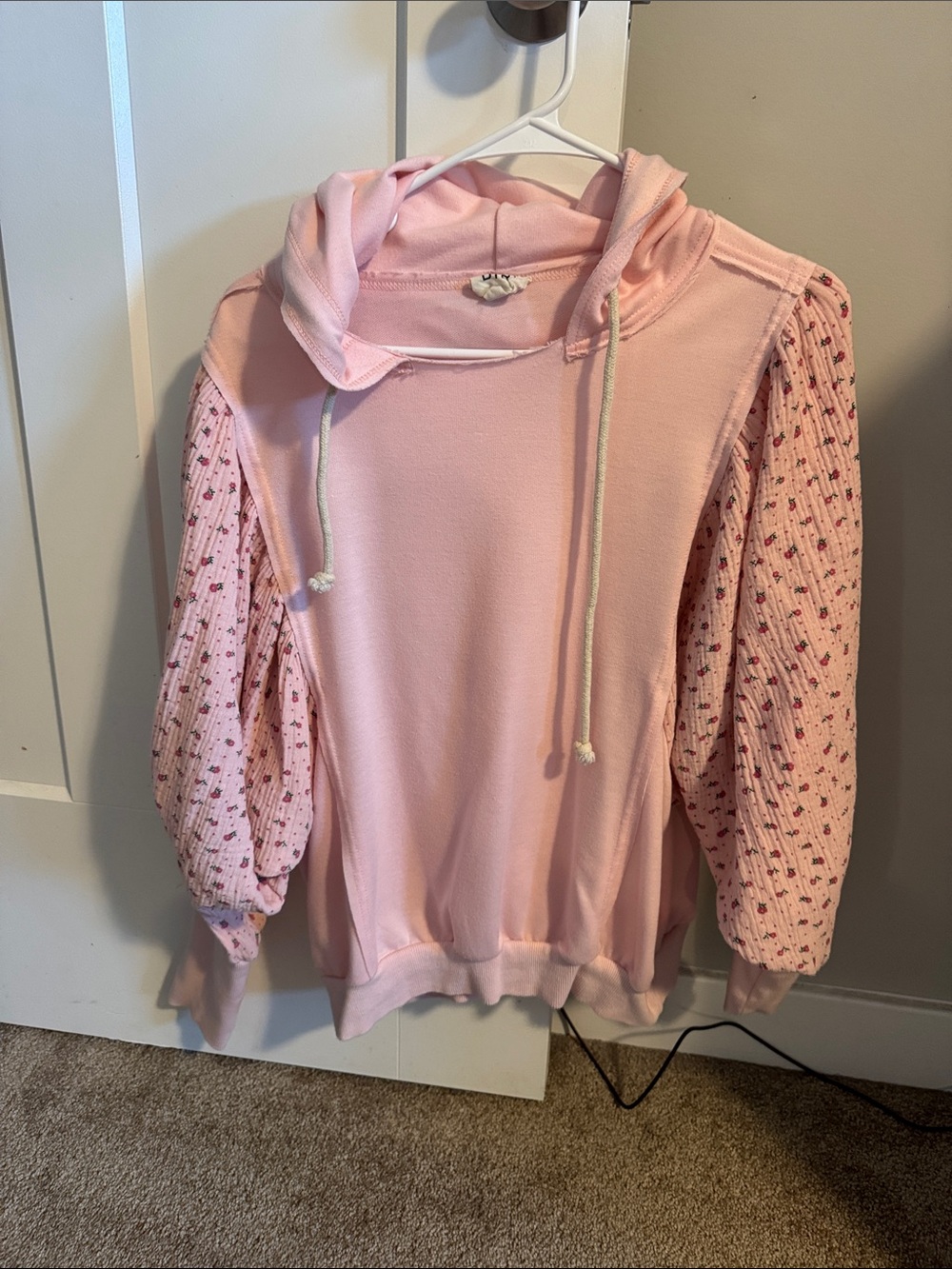 BiBi Light Pink Hooded Sweatshirt with Patterned Puff Sleeves